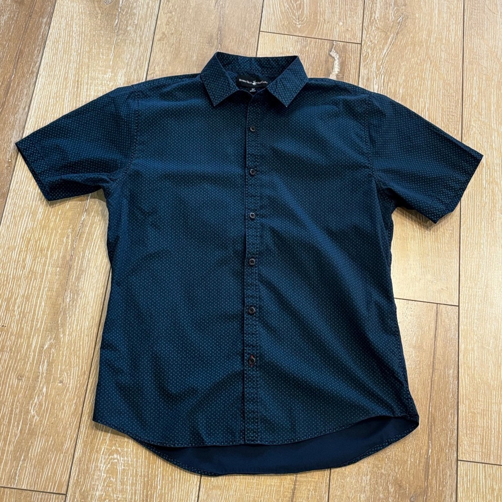 Beverly Hills Polo Club Mens Medium Navy Blue Teal Micro Print Button Down Shirt